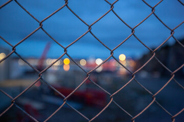 The metal mesh fence and the lights of the city.