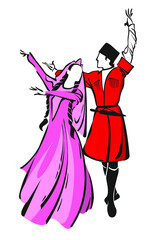Obraz na płótnie Canvas color linear vector illustration of the silhouettes of a man and a woman dancing lezginka in Caucasian national costumes