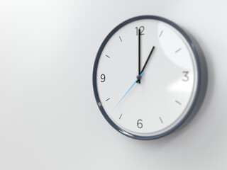 Modern wall clock showing one o'clock on white background. Office clock showing 1am or 1pm on light texture