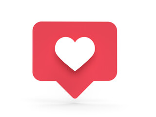 3d perspective social media notification love like heart icon in red rounded square pin isolated on white background with shadow 3D rendering