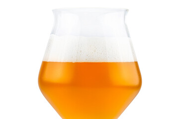 Cold beer in a Teku tasting glass half filled, drops of water on glass and foam, isolated on a white background with a clipping path.