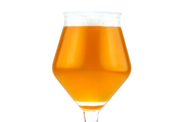 Cold beer in a Teku tasting glass filled to full with foam, drops of water on glass, isolated on a white background with a clipping path.