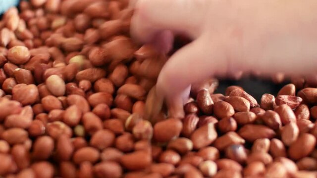 Peanuts groundnuts roasted in a pan and a woman stirs the nuts with her hand. Cooking close-up 