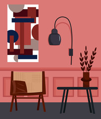 Living room interior with sofa, modern painting and lamp. Vector illustration. 