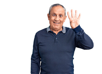 Senior handsome man wearing casual polo showing and pointing up with fingers number four while smiling confident and happy.