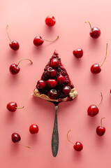 Tasty cherry pie on pink background with fresh cherry