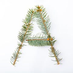 Letter A from green christmas-tree isolated on white. Natural Letter A, stylish alphabet. Handmade abc. Text from spruce. Christmas winter Sale. X-mas numbers. Winter font. 