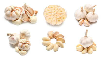 Many fresh garlic on white background