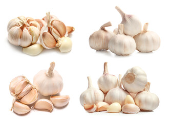 Many fresh garlic on white background