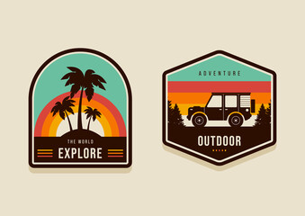 Set of summer travel badges and explore the world concept modern vintage retro style