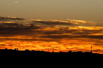 sunset, sky, clouds, sun, nature, orange, sunrise, landscape, cloud, city, evening, silhouette, dusk, morning, color, beautiful, light, red, panorama, night, blue