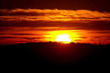 sunset, sky, sun, clouds, orange, sunrise, nature, cloud, red, landscape, evening, dusk, blue, color, light, view, horizon, summer, beautiful, yellow, heaven, dark, morning, sunlight