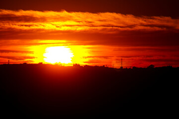 sunset, sky, sun, clouds, orange, nature, landscape, sunrise, cloud, evening, red, light, blue, dusk, silhouette, yellow, summer, color, mountain, horizon, beautiful, view, tree