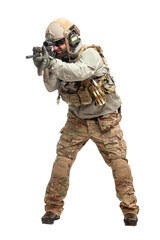 American soldier in uniform and with a rifle aiming and shoots, commando with guns on a white background