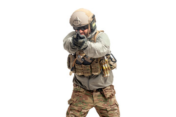 USA soldier in military suit with a gun on a white background, America special forces aim and shoot
