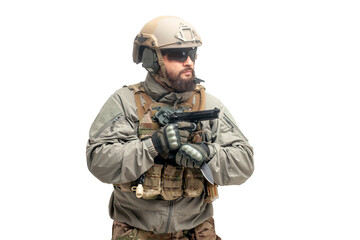 Fototapeta premium American ranger in military equipment with a gun and knife on a white background, portrait of a special forces soldier with a weapon