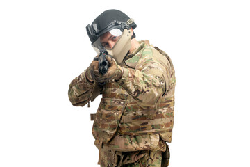 soldier in military equipment with a shotgun to aim and attack on a white background, a special forces officer storms
