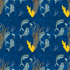 Seamless illustration pattern for kids, cute animal families. Seamless surface pattern  with a family of whales underwater