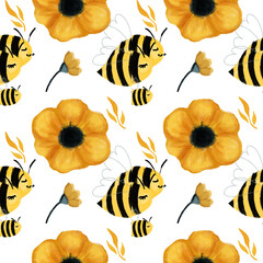 A seamless illustration pattern for kids, cute animal families. Seamless surface pattern with bees and flowers