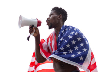 african american man with usa flag protests and shouts aggression on white isolated background,...