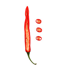 Red hot chili pepper cut and slices isolated on white background.