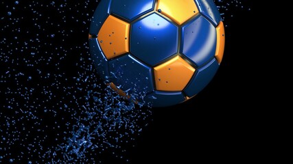 Fototapeta premium Blue-Orange Soccer ball with Blue Rotating Particles under Black Background. 3D sketch design and illustration. 3D high quality rendering.