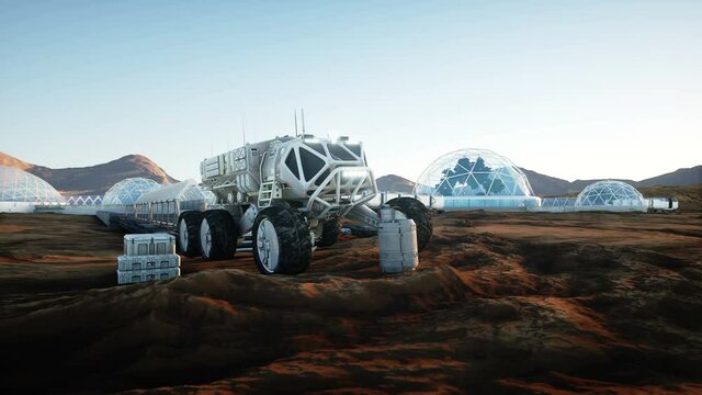 Mars expedition transport, mars rover. Base on alien planet. Realistic animation.