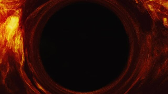 Smoke swirl. Solar eclipse. Black hole in flowing orange glitter fire flame circle frame with copy space.