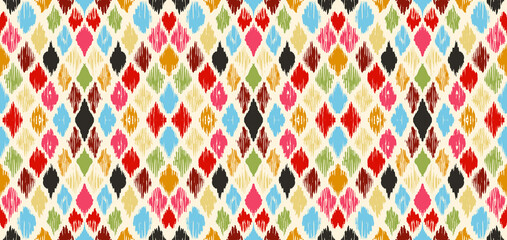 Ikat geometric folklore ornament with diamonds. Tribal ethnic vector texture. Seamless striped pattern in Aztec style. Folk embroidery. Indian, Scandinavian, Gypsy, Mexican, African rug.