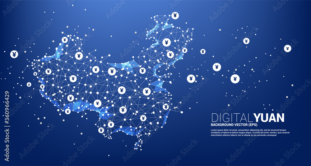 Poster vector china map from polygon dot connect line and digital yuan. concept for financial china digital