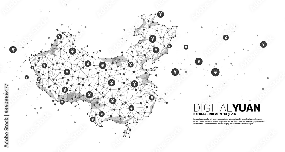 Poster vector china map from polygon dot connect line and digital yuan. concept for financial china digital
