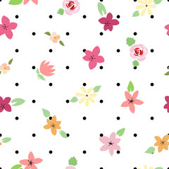 Pastel color flat design flowers on black dots background seamless pattern
