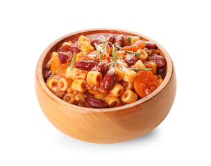 Bowl with tasty pasta and beans on white background