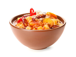 Bowl with tasty pasta and beans on white background