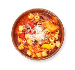 Bowl with tasty pasta and beans on white background