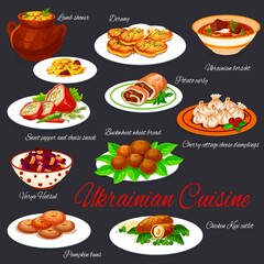 Ukrainian national cuisine dishes restaurant menu vector set. Borscht and deruny, buckwheat bread, vegetable salad, pumpkin buns, chicken Kiev cutlet, mutton stew and stuffed peppers