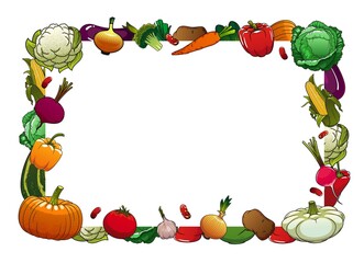 Farm ripe vegetables vector frame border. Cauliflower, cabbage and broccoli, pepper, onion and garlic, tomato, pattypan and zucchini, pumpkin, radish, corn and potato, beans and eggplant