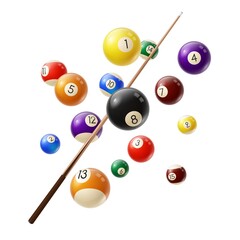 Billiard balls and cue 3d realistic vector. Various color billiard balls with digits flying in air, wooden cue isolated on white background. Snooker or pool club, sport competition equipment