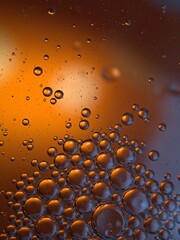 Closeup orange bubbles oil with soft focus and blurred background ,macro image ,abstract background ,water droplets, soap bubbles ,sweet color for card design water drops on glass