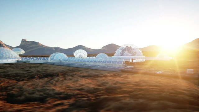 Mars base, colony. Expedition on alien planet. Aerial view. Geo capsyles. Life on Mars.