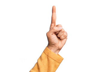 Hand of caucasian young man showing fingers over isolated white background counting number one using index finger, showing idea and understanding