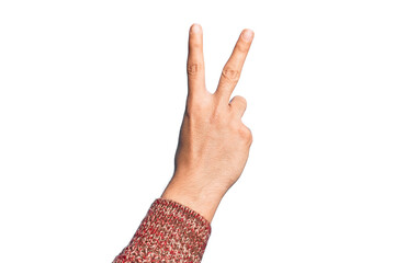 Hand of caucasian young man showing fingers over isolated white background counting number 2...