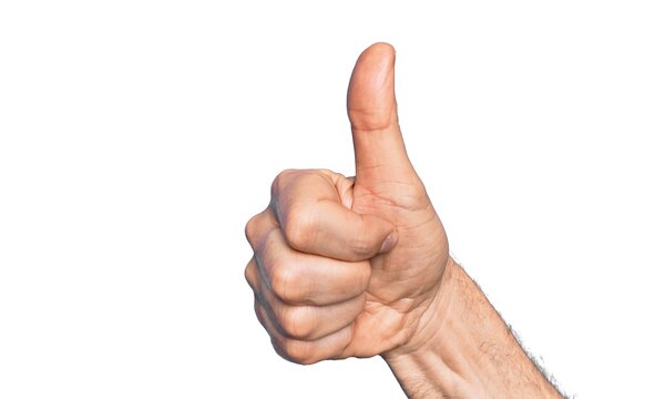 Hand Of Caucasian Middle Age Man Over Isolated White Background Doing Successful Approval Gesture With Thumbs Up, Validation And Positive Symbol