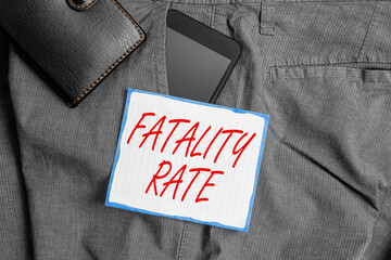 Text sign showing Fatality Rate. Business photo showcasing calculated number of deaths over a...