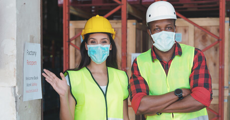 business reopen notice with coronavirus safety with factory worker