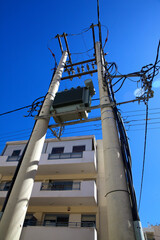 Power line with transformer and wires