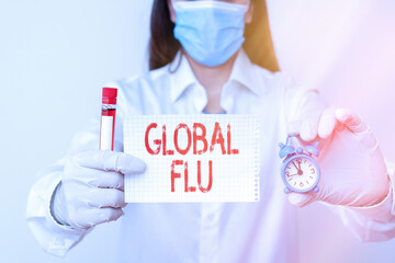 Conceptual hand writing showing Global Flu. Concept meaning Common communicable illness spreading...