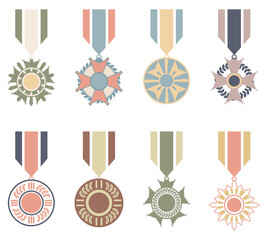 War medals collection with retro concept.Vector illustration of vintage war award medal set.