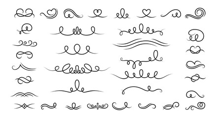 Curl and swirl calligraphic set. Vintage borders, vignettes decorative elements. Elegant graphics elements ink black and white drawing whorls. Isolated vector illustration