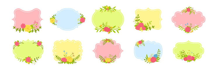 Label frames set. Sticker decorated floral composition, flower branch and leaf. Decorative colorful flat cartoon frame collection. Abstract romantic ornate empty tag. Isolated vector illustration